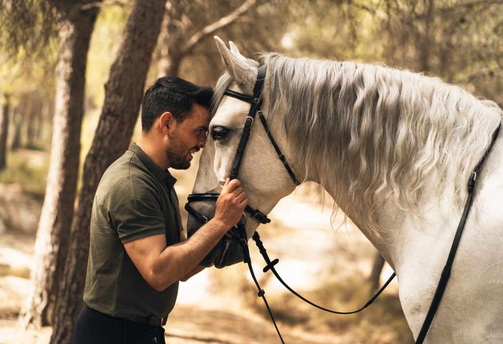 Smiling,Man,And,Horse,With,Heads,Facing,Each,Other.,Concept